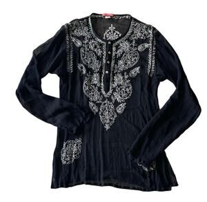 Glam Souls Black Silk Sheer Sequin Embroidered Womens Top Size Large Goth Boho